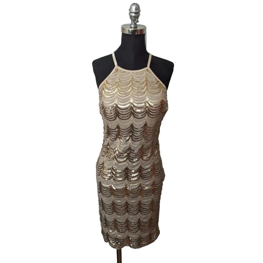 Women's Crystal Doll Gold Sequined Dress Fitted Bodycon Sparkly Halter Sz Small